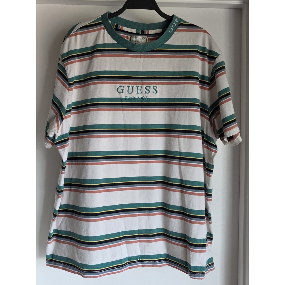 Guess Men XL Striped Crew Neck T-Shirt Multi-Color Cotton Casual Streetwear Tee